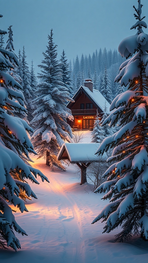 Festive Christmas Aesthetic Background for Laptops A festive Christmas aesthetic background with snow-covered trees and glowing lights.